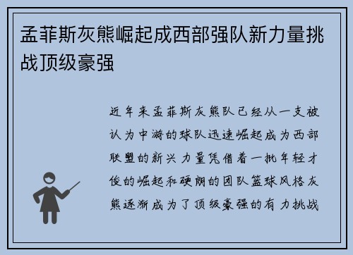 孟菲斯灰熊崛起成西部强队新力量挑战顶级豪强