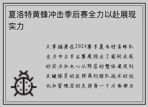 夏洛特黄蜂冲击季后赛全力以赴展现实力